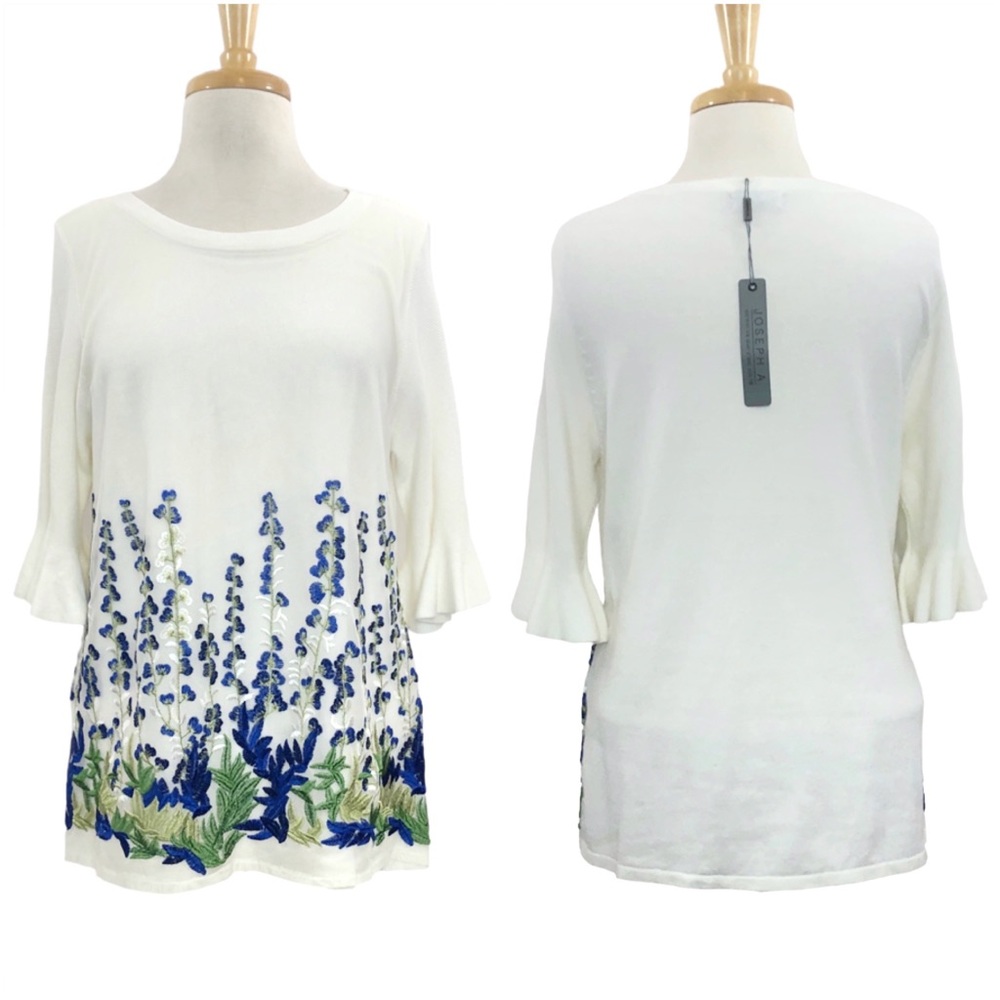 Joseph A. Floral Embroidered Bell Sleeves Lightweight Sweater Blouse Large